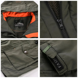 Collage of a green jacket with orange lining, zipper, pocket, and brand label.