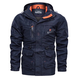 Navy blue jacket with orange interior on a white background