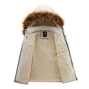 Beige winter jacket with fur-lined hood on a white background.