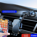 Car phone holder with smartphone on a car dashboard, showing text about stability and noise level.