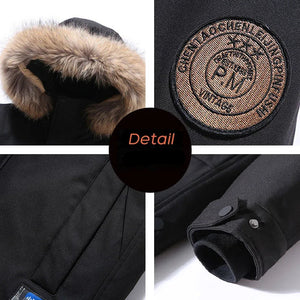 Collage of a black jacket with fur trim, brand logo, and stitching details.