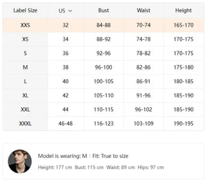 Size chart for clothing with measurements in US, Bust, Waist, and Height.