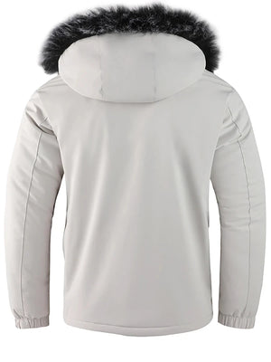 Light gray winter jacket with a fur-lined hood on a white background