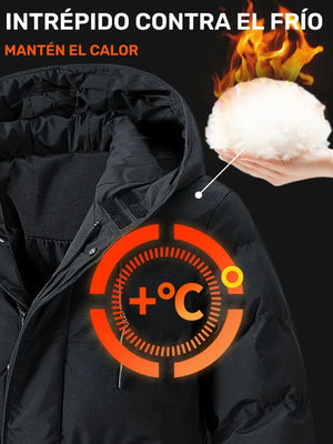 Black jacket with a heating element logo, text about staying warm, and a hand holding a glowing object.