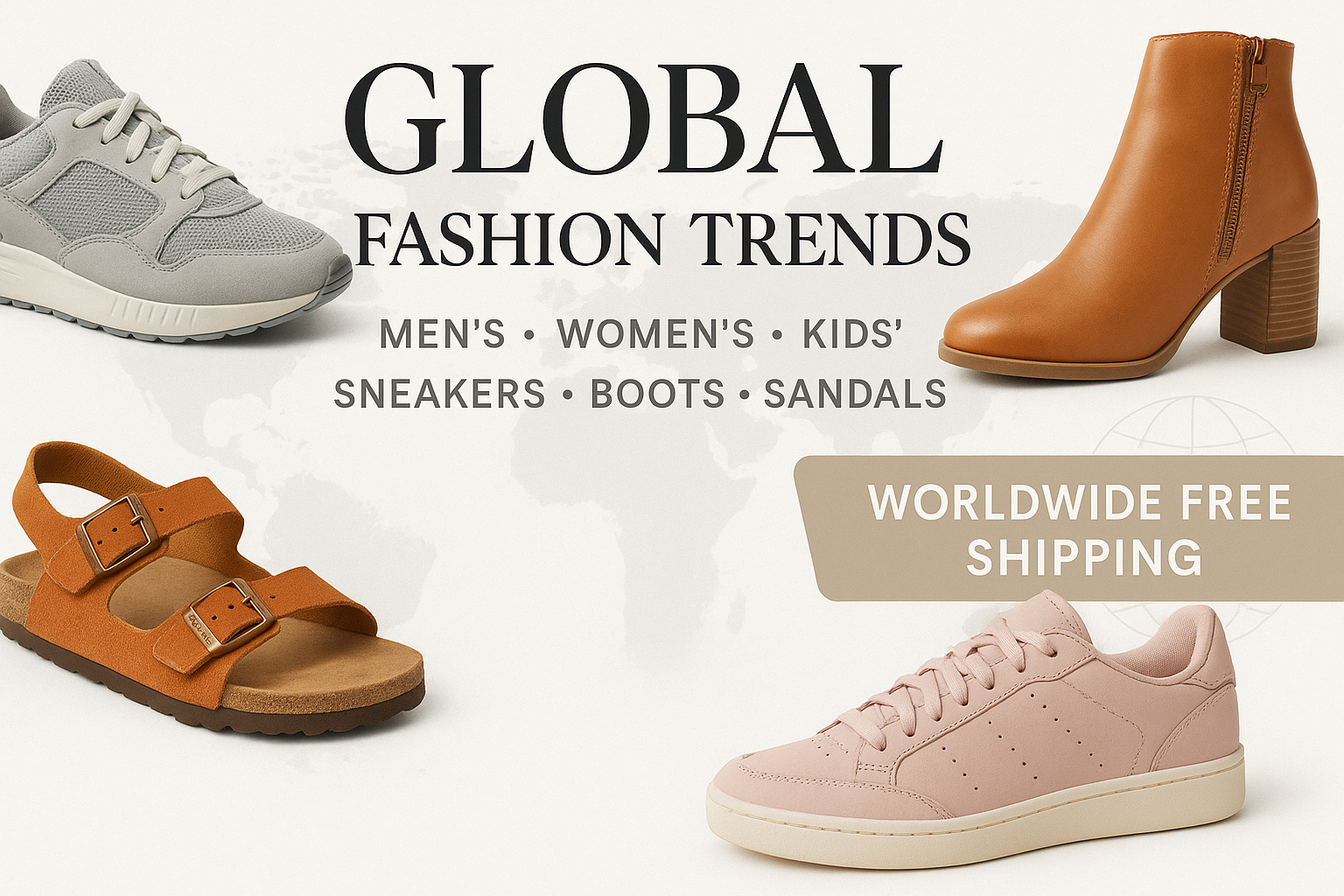Shop men’s, women’s, and kids’ sneakers, boots, and sandals at Global Trend Fashion. Worldwide free shipping.