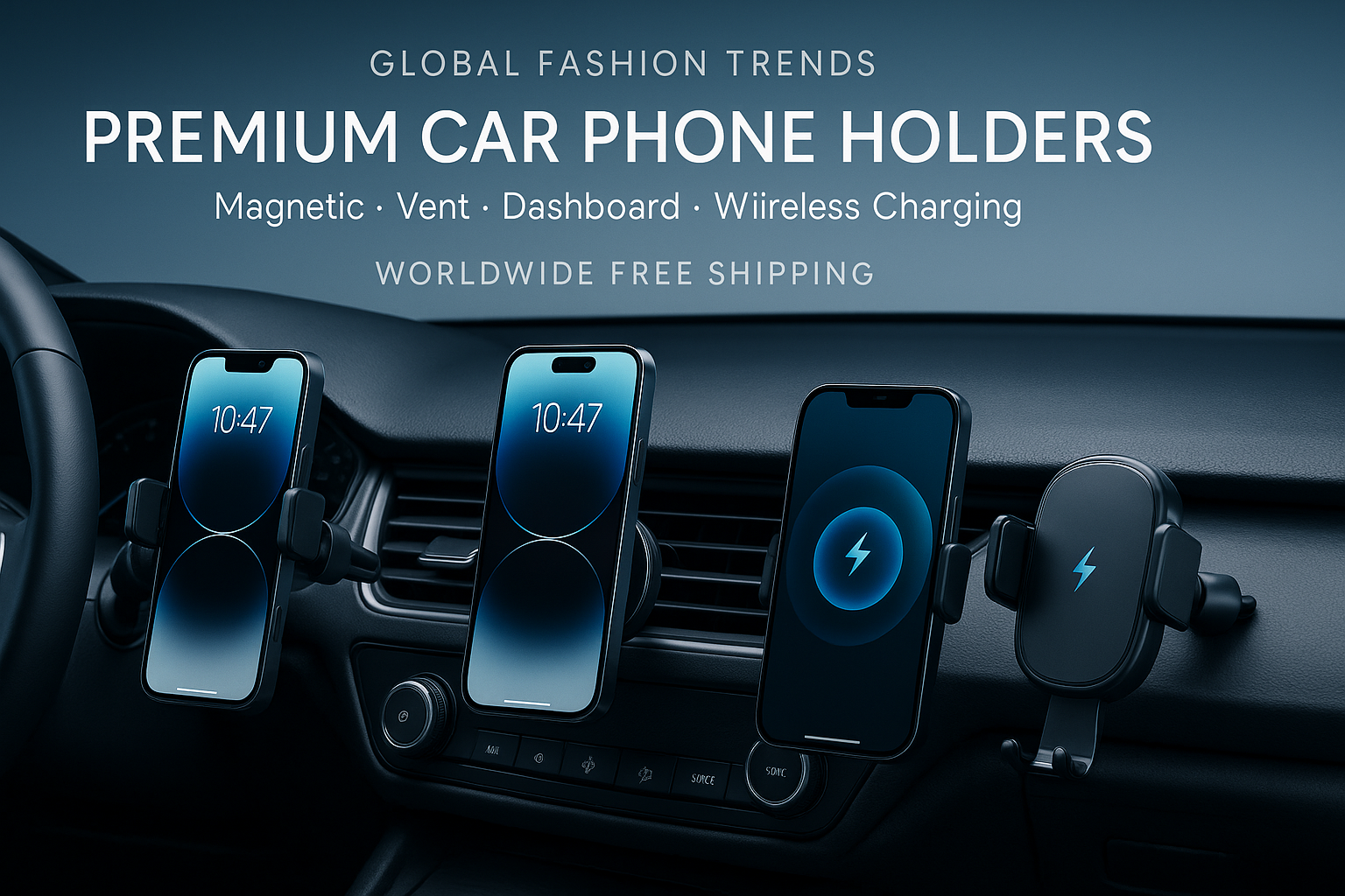Shop the best car phone holders at Global Fashion Trends. Magnetic, vent, dashboard, and wireless charging mounts for safe hands-free driving. Worldwide free shipping.