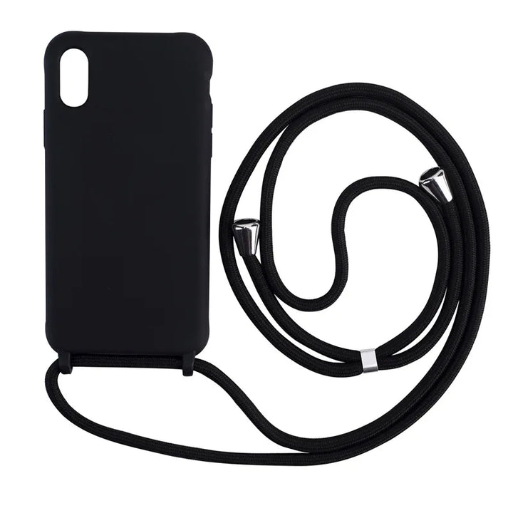Colorful silicone iPhone case with a crossbody lanyard strap.