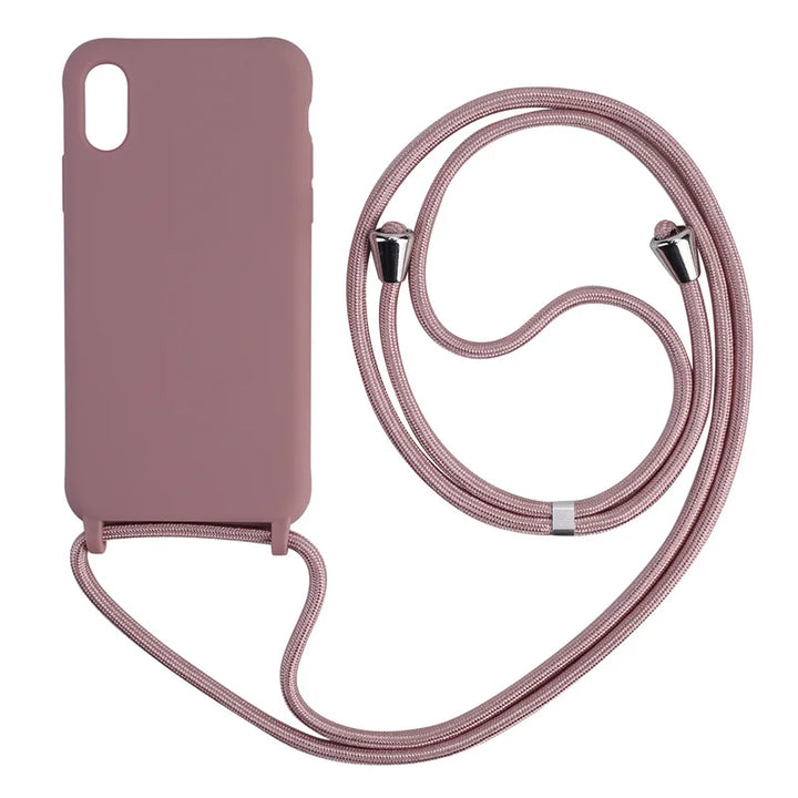Colorful silicone iPhone case with a crossbody lanyard strap.