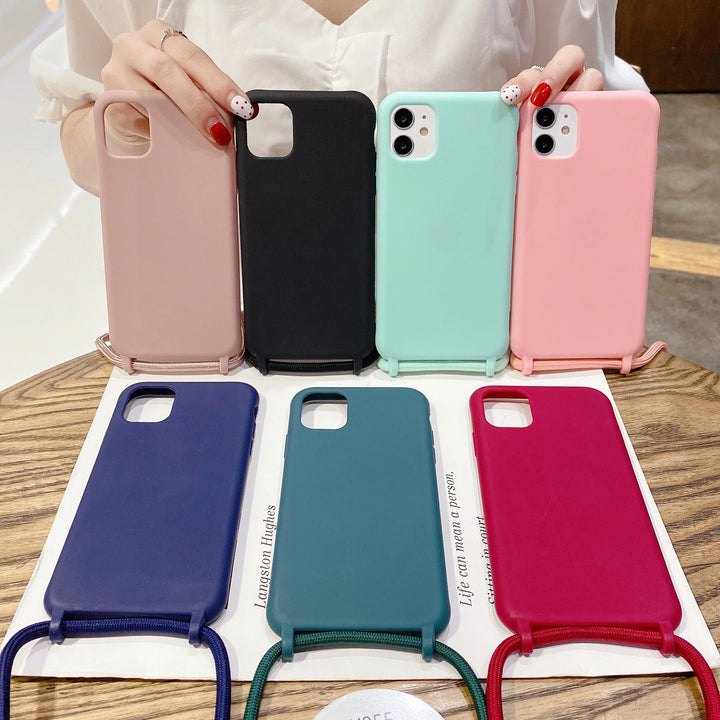 Colorful silicone iPhone case with a crossbody lanyard strap.