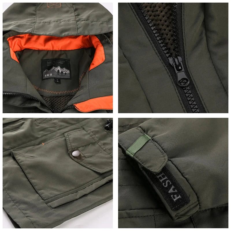Collage of a green jacket with orange lining, zipper, pocket, and brand label.