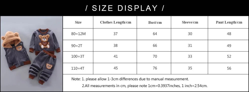 Children's clothing set with size chart on a black background