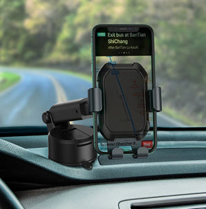 Phone mounted on a car dashboard with a GPS app displayed, with a blurred road and trees in the background.