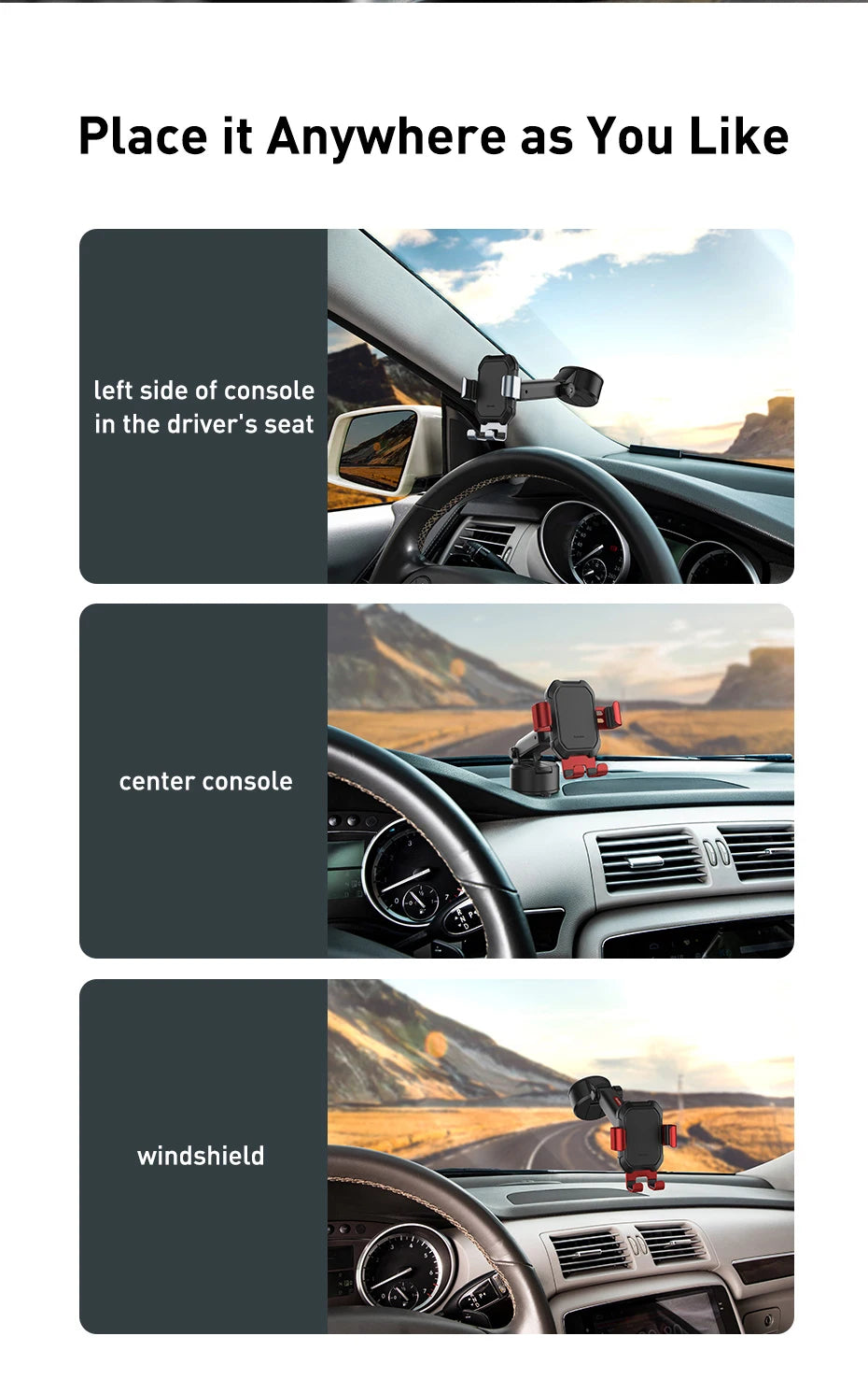 Car mount holder demonstration on different car surfaces with scenic backgrounds