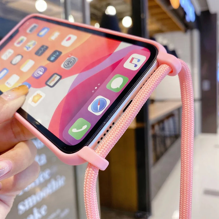 Luxury iPhone case with a stylish chain necklace strap.