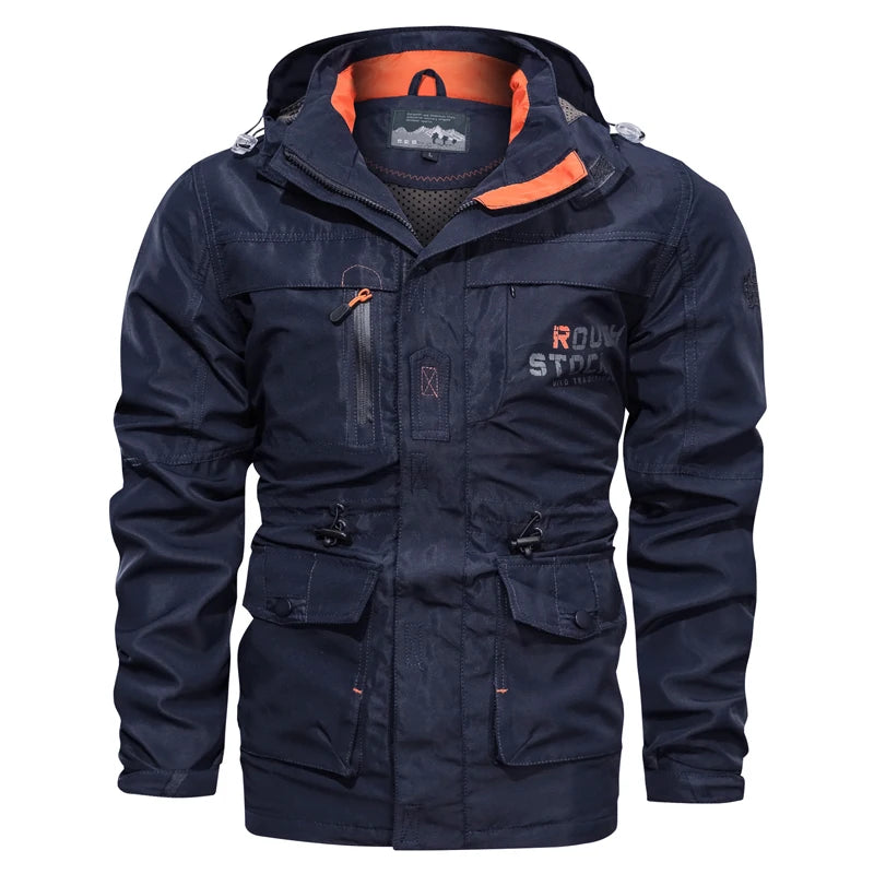 Navy blue jacket with orange interior on a white background