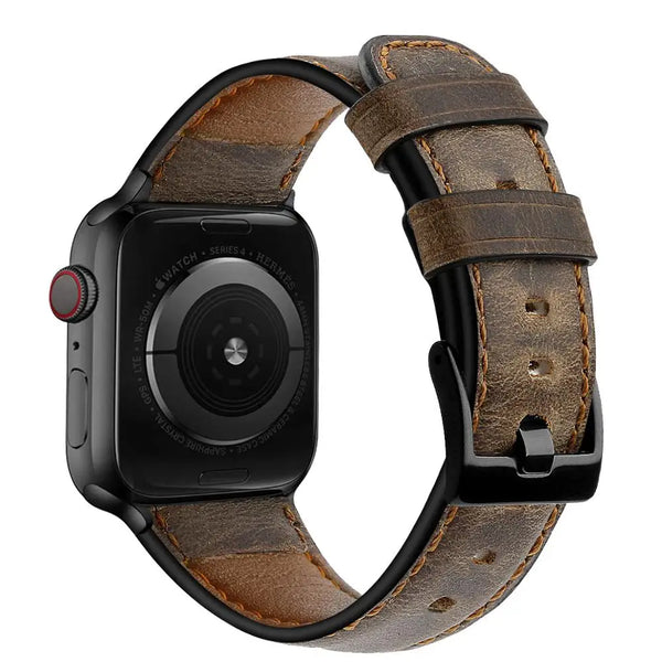 Retro cow leather Apple Watch band, multi-color, metal buckle, 38-49mm sizes.