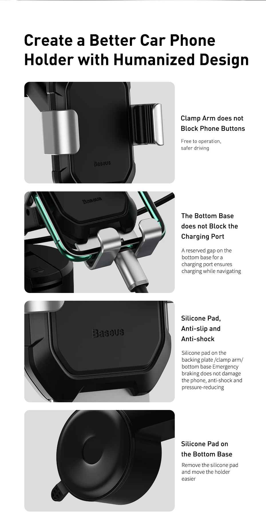 Car phone holder with features highlighted on a white background