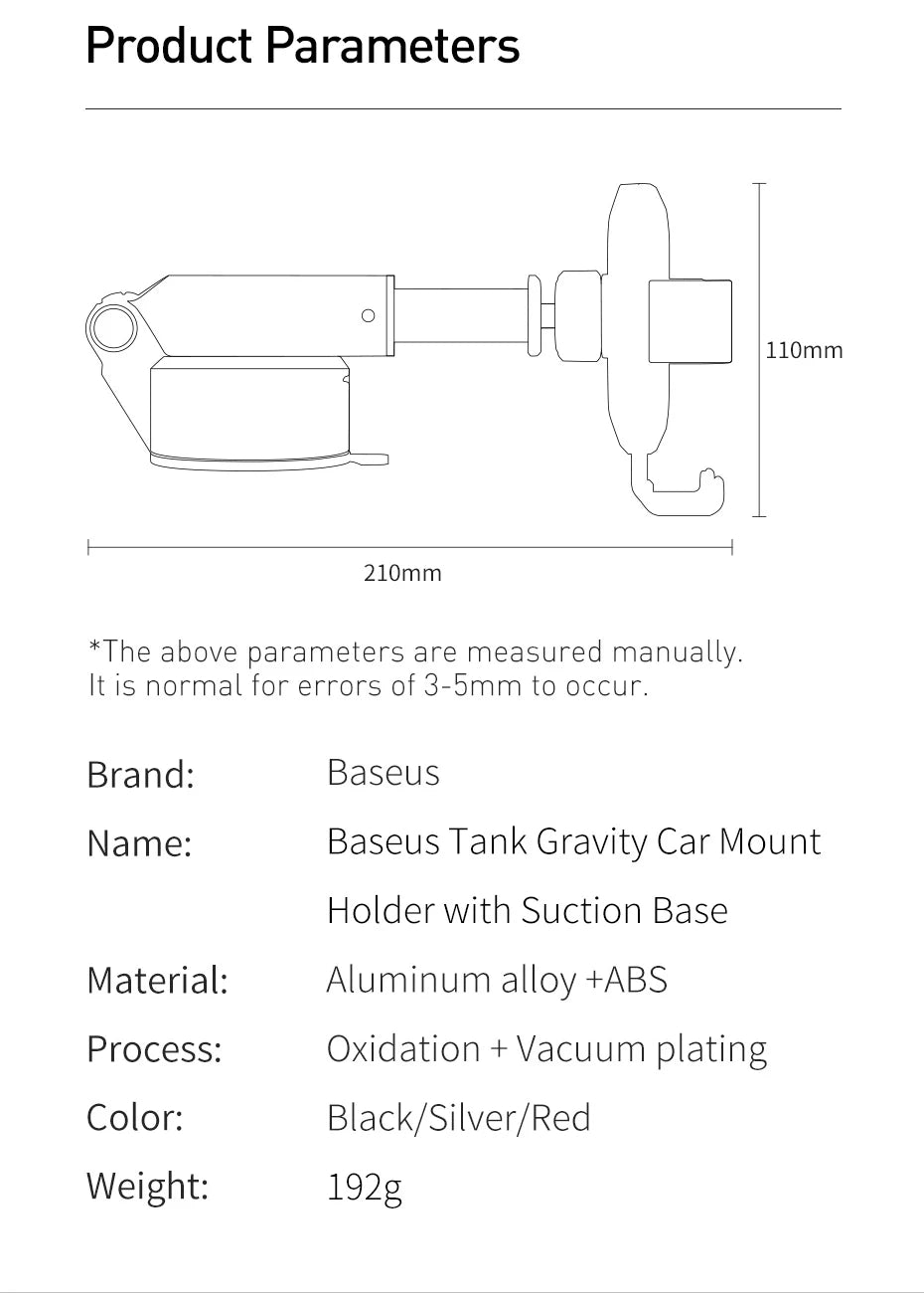 Product parameters of a Baseus tank gravity car mount holder with suction base on a white background.