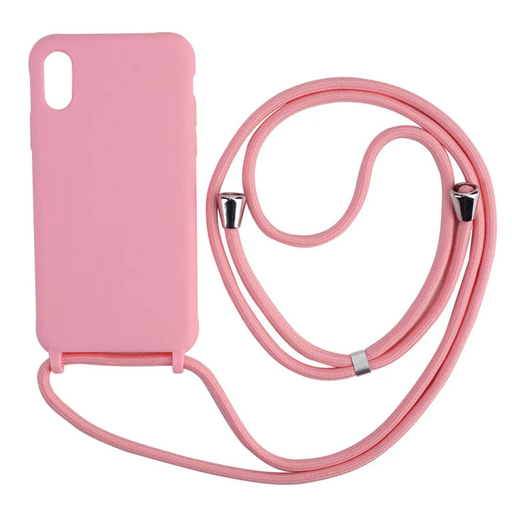 Colorful silicone iPhone case with a crossbody lanyard strap.