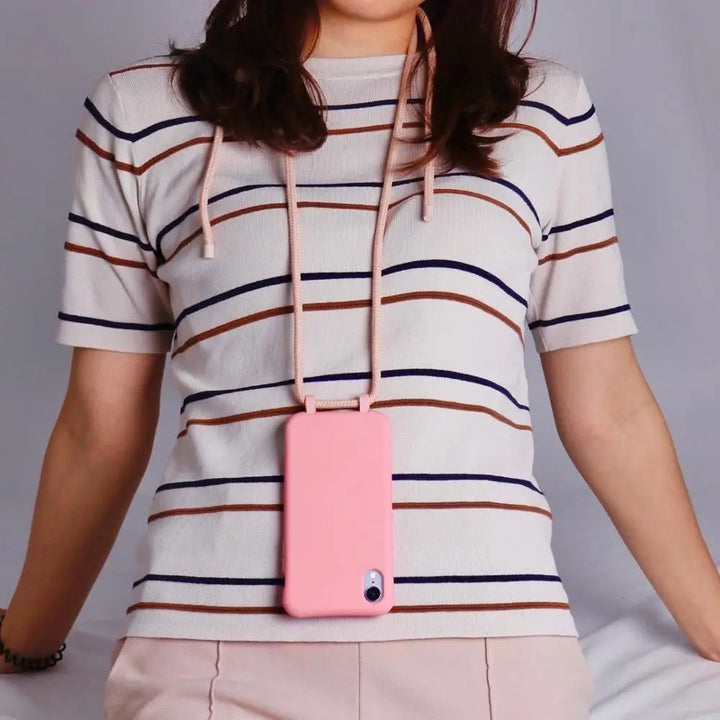 Colorful silicone iPhone case with a crossbody lanyard strap.