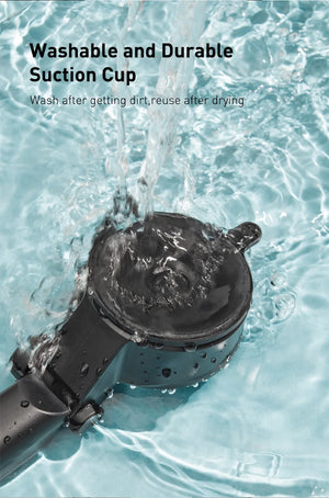 Suction cup being washed in water with text indicating washability and durability.