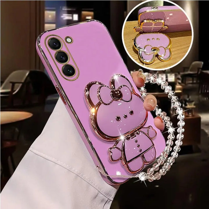 Diamond Strap Mirror Rabbit Holder Case for Samsung S24 S23 S22 Ultra Plus