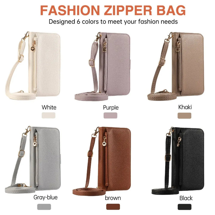 Crossbody Zipper Wallet Case with Card Holder for iPhone 16/15/14/13/12/11 Pro Max, Leather Cover