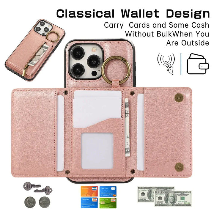 Crossbody Leather Wallet Phone Case with Zipper and Card Holder for iPhone 16/15/14/13/12/11 Pro Max