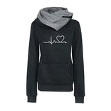 Black hoodie with gray hood and heart rate design on a white background