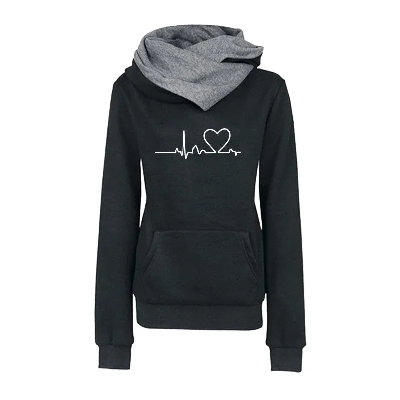 Black hoodie with gray hood and heart rate design on a white background