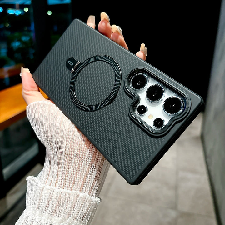 Carbon Fiber Leather Magnetic Case for Samsung S24 Ultra, Ring Holder
