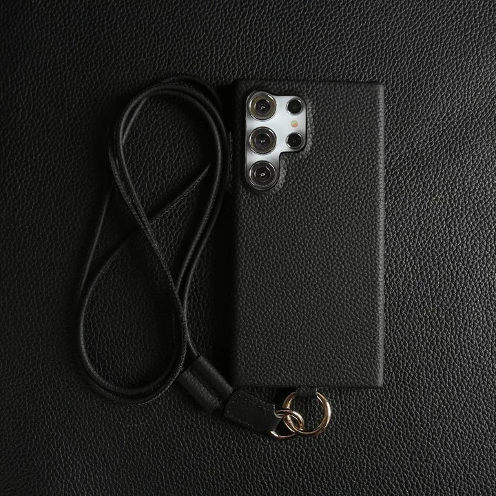 Luxury Cowhide Leather Crossbody Lanyard Case for Samsung S24, S23, S22, S21, and S20FE, Stylish and Durable Design