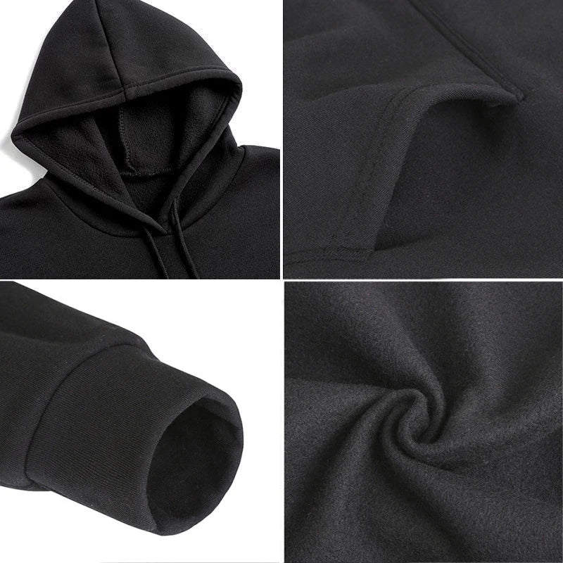Collage of black hoodie details including hood, sleeve, and fabric texture.