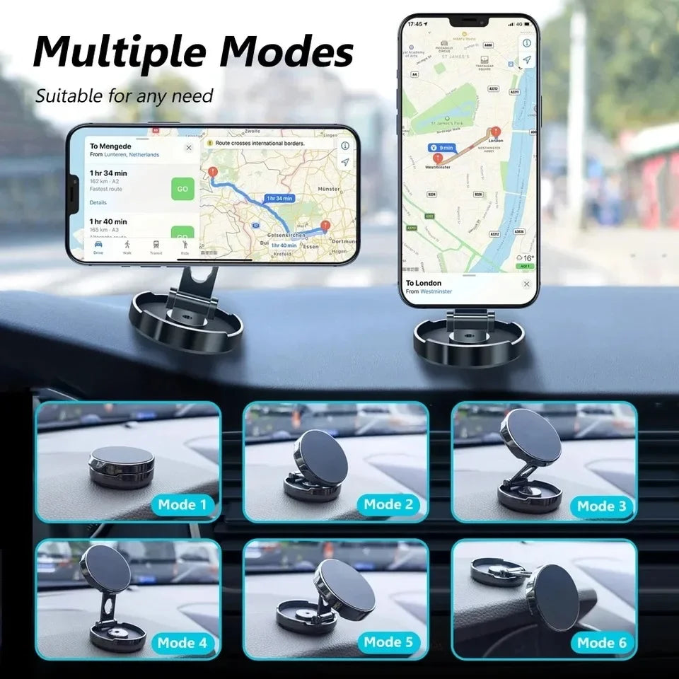Phone holder with multiple modes for car use, showing app interface on phone screen.