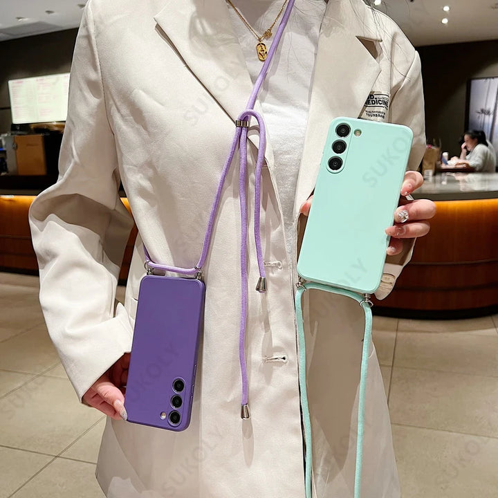 Crossbody Lanyard Silicone Case for Samsung Galaxy S23 S24 Ultra A54 A53 A35 5G – Soft Phone Cover