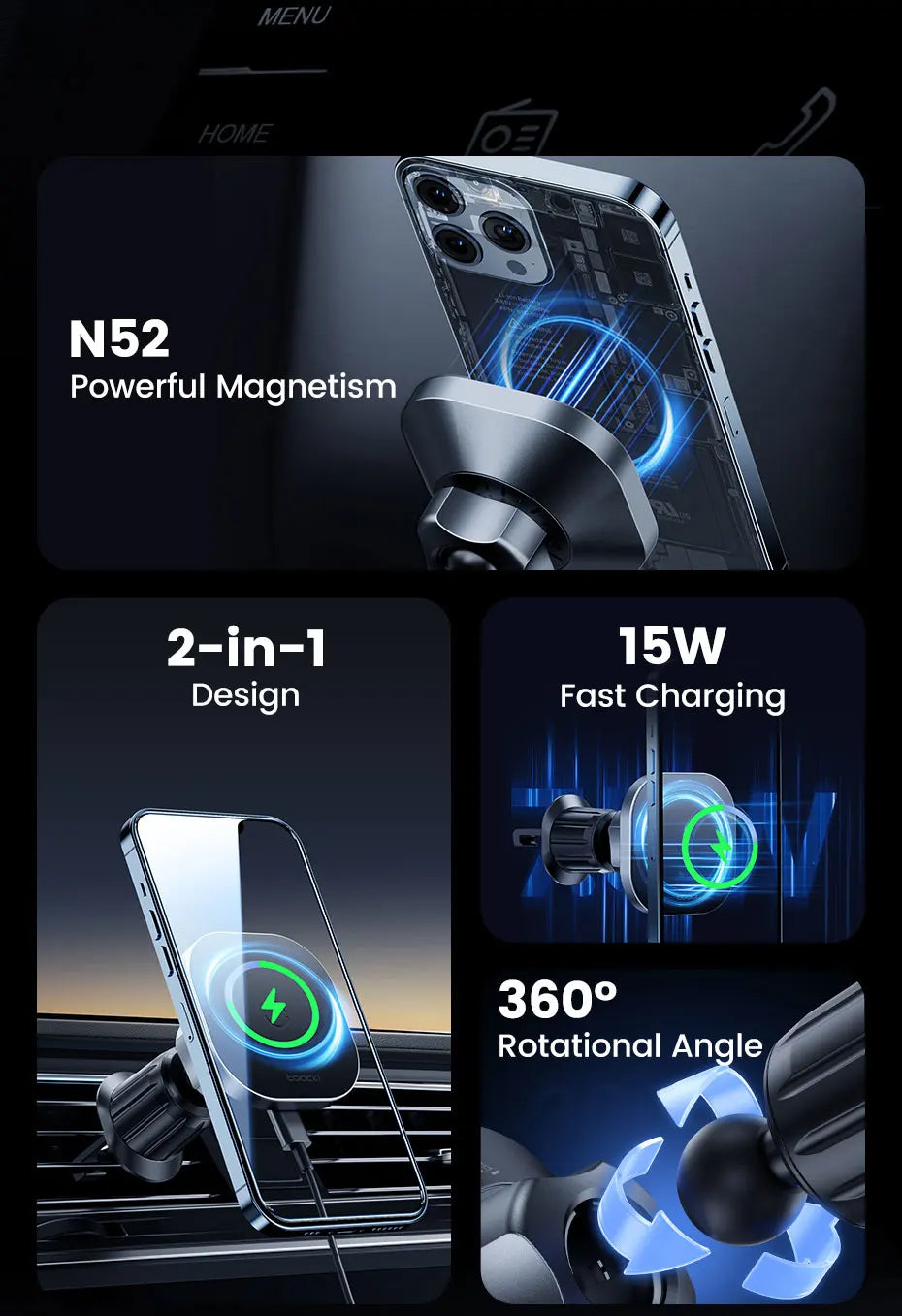 Phone holder with features highlighted on a dark background