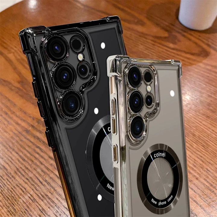 Luxury MagSafe electroplate Samsung case with shockproof bumper, hard transparent back cover, and wireless charging support.