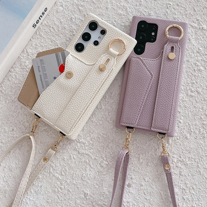 Leather Crossbody Wallet Case with Wrist Strap for Samsung S25/S24/S23 Ultra A54 A53 A33