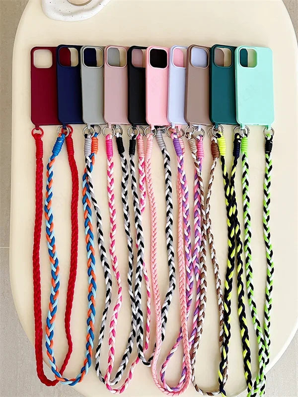 Candy color silicone phone case with a crossbody lanyard strap for iPhone