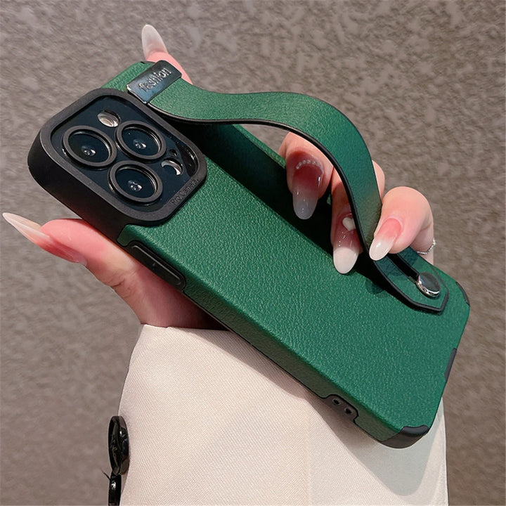 Luxury leather wrist strap stand iPhone case with full protection, fits iPhone 11, 12, 13, 14, 15, and 16 Pro Max & Plus.