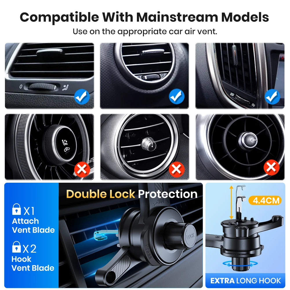 Car air vent attachment compatibility chart and features illustration.