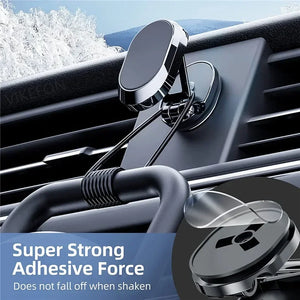Car phone holder with adhesive force text on a car interior background