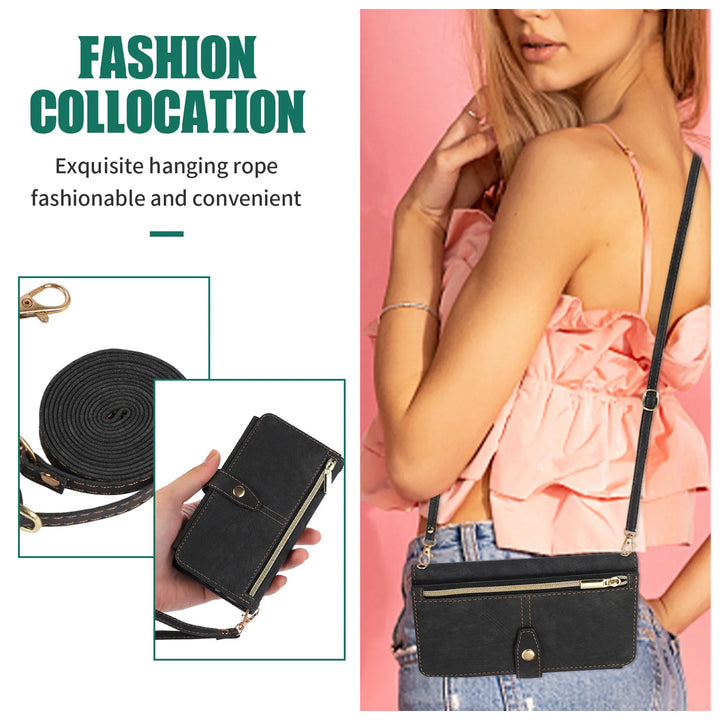 Crossbody wallet case for iPhone with card holder, lanyard, and kickstand for hands-free use.