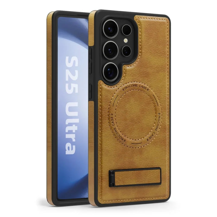 Luxury leather stand case for Samsung Galaxy S23, S24, S25 Ultra, offering premium protection and style.
