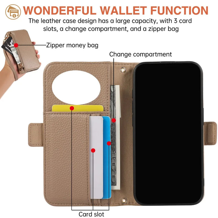 Crossbody Zipper Wallet Case with Card Holder for iPhone 16/15/14/13/12/11 Pro Max, Leather Cover