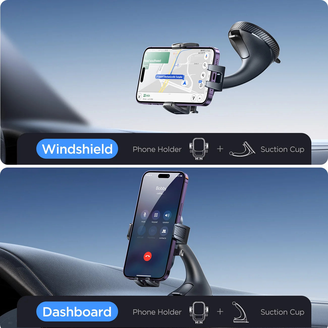 Phone holder with suction cup for windshield and dashboard use, showing smartphone on screen.