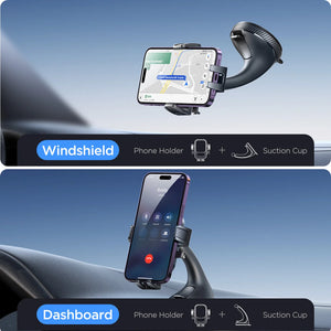 Phone holder with suction cup for windshield and dashboard use, showing smartphone on screen.