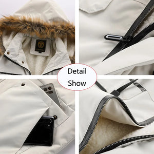 Collage of a white jacket with fur hood, zipper, and pocket details.