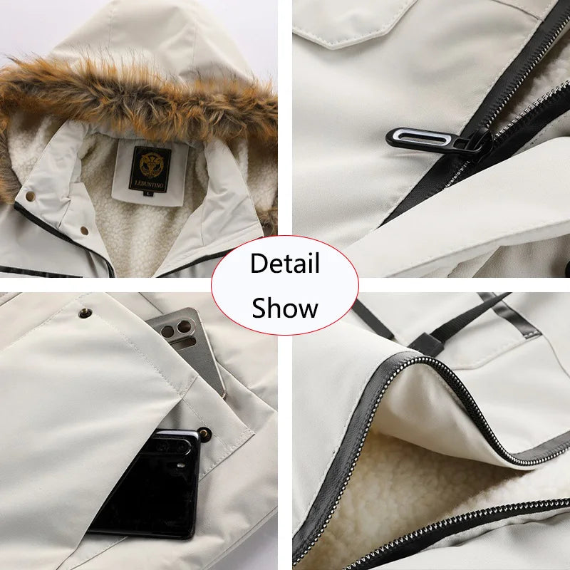 Collage of a white jacket with fur hood, zipper, and pocket details.