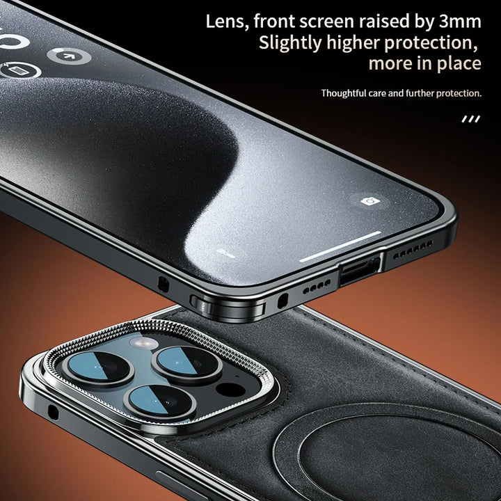Luxury Business Leather Case for iPhone 14 15 Pro Max with Metal Frame and Built-in Stand, Premium Design
